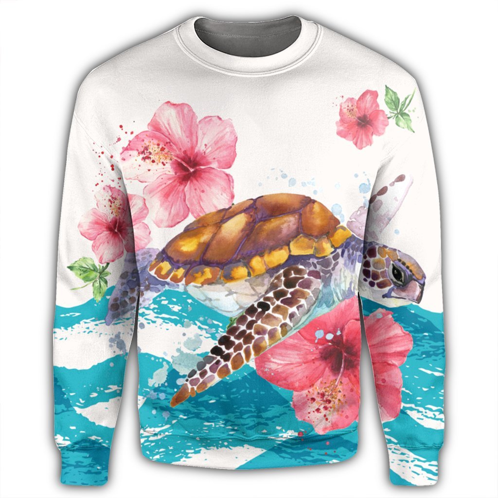 Hawaiian Turtle Hibiscus Waves Polynesian Sweatshirt - AH - Polynesian Pride