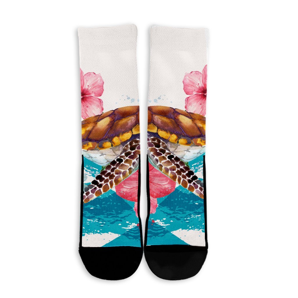 Hawaiian Turtle Hibiscus Waves Polynesian Crew Socks - AH - Polynesian Pride