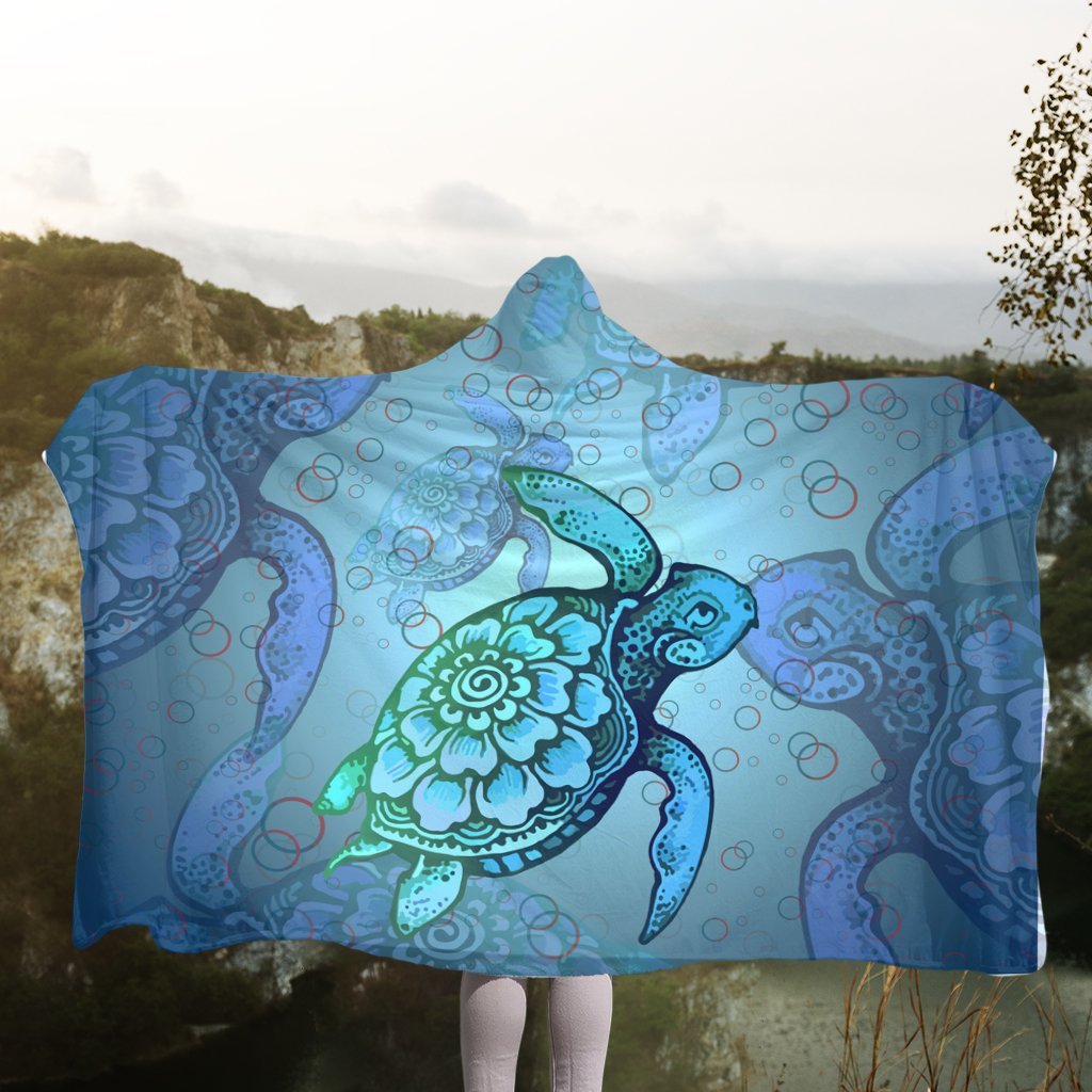 Hawaiian Turtle In The Sea Bubble Polynesian Hooded Blanket - AH - Polynesian Pride