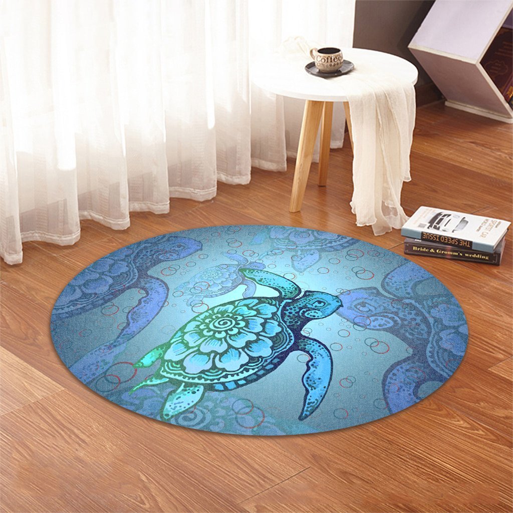Hawaiian Turtle In The Sea Bubble Polynesian Round Carpet - AH - Polynesian Pride