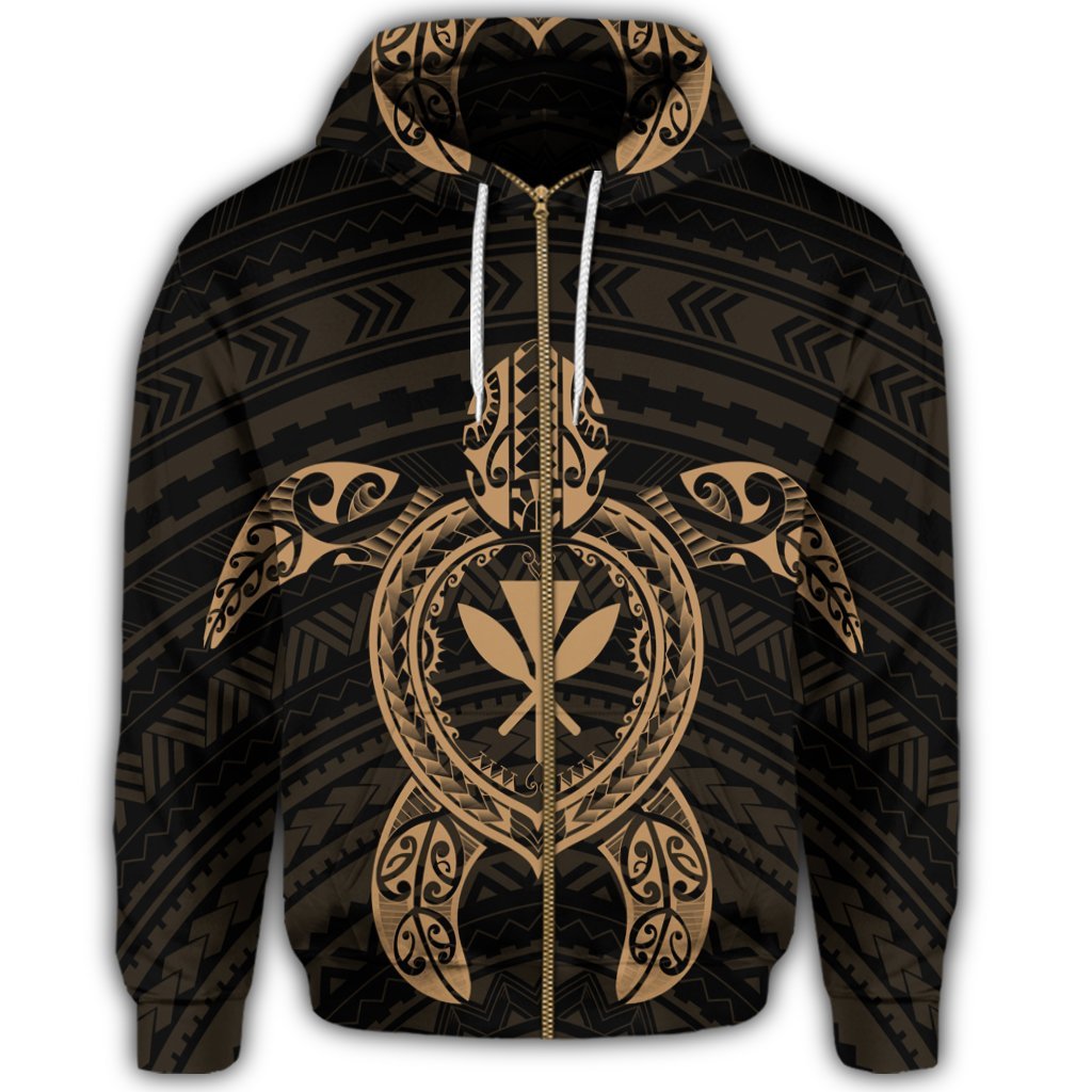 Hawaiian Turtle Kanaka Polynesian Zip Hoodie Gold - Polynesian Pride