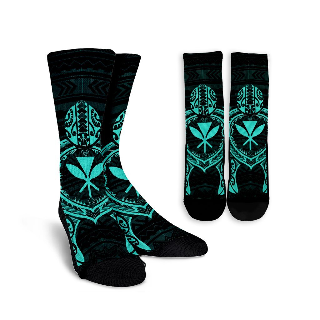 Hawaiian Turtle Kanaka Polynesian Crew Socks - Turquoise - AH Crew Socks White - Polynesian Pride