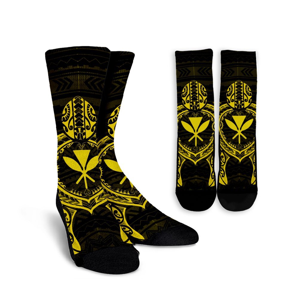 Hawaiian Turtle Kanaka Polynesian Crew Socks - Yellow - AH Crew Socks White - Polynesian Pride
