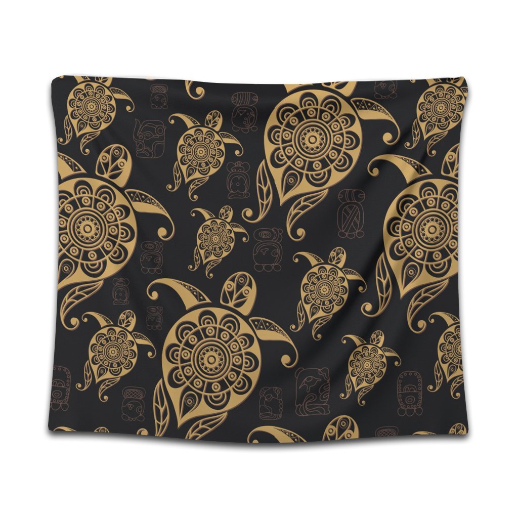 Hawaiian Turtle Pattern Golden Tapestry - AH Wall Tapestry Black - Polynesian Pride