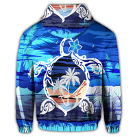 Hawaiian Turtle Plumeria Coconut Tree Polynesian Zip Hoodie Blue - Polynesian Pride