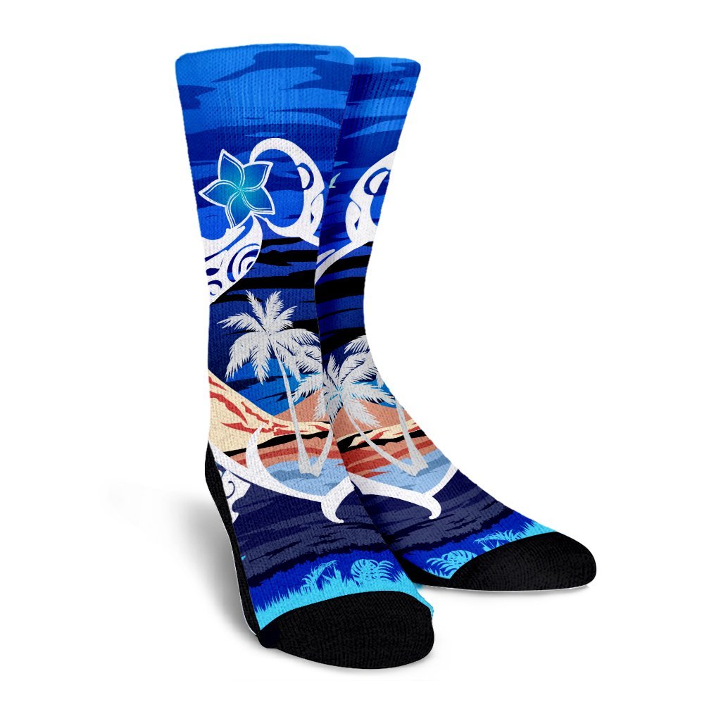 Hawaiian Turtle Plumeria Coconut Tree Polynesian Crew Socks Blue - AH - Polynesian Pride
