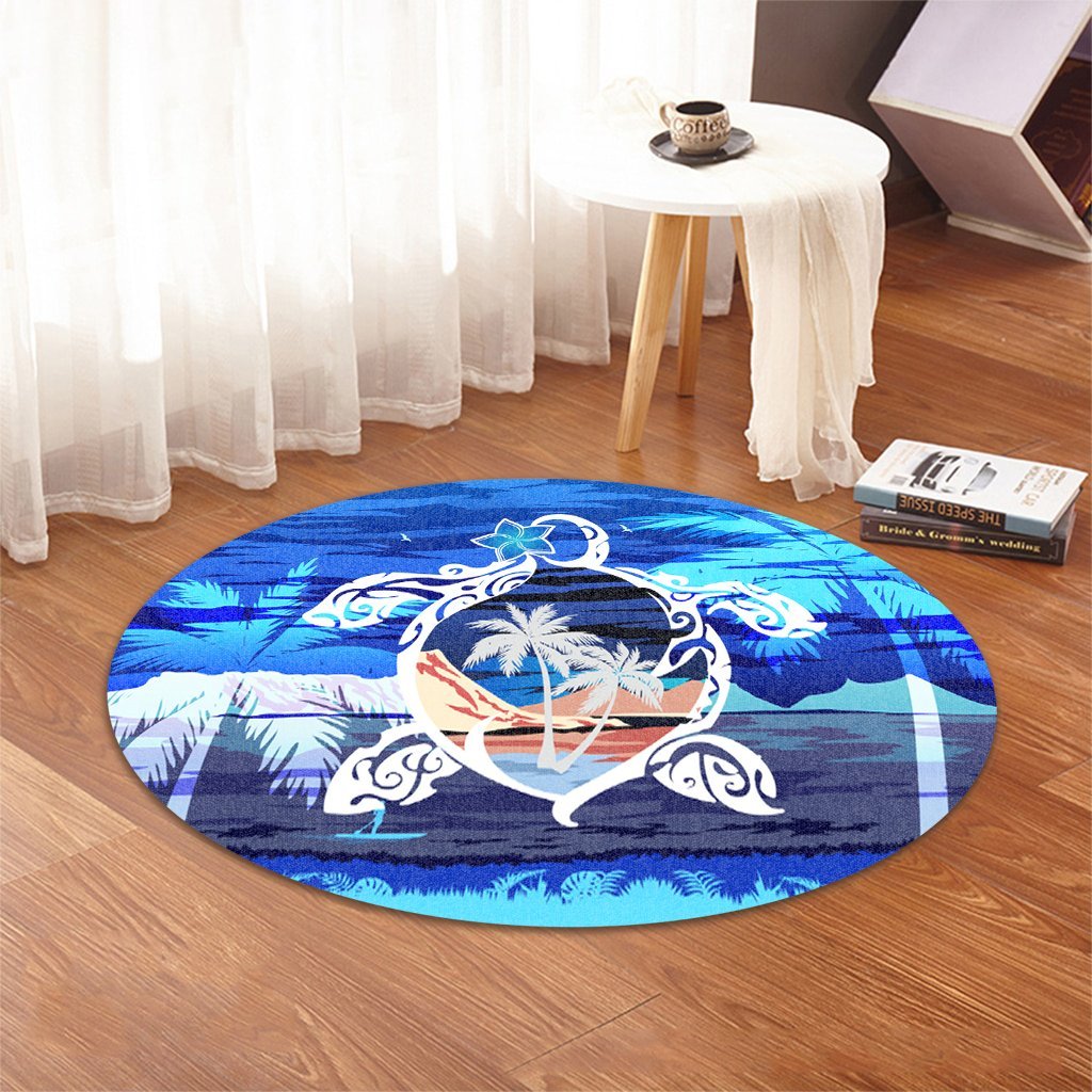 Hawaiian Turtle Plumeria Coconut Tree Polynesian Round Carpet Blue - AH - Polynesian Pride