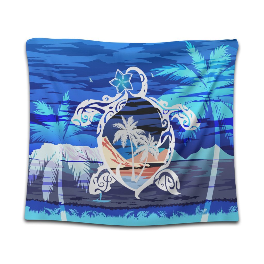 Hawaiian Turtle Plumeria Coconut Tree Polynesian Tapestry Blue - AH Wall Tapestry Black - Polynesian Pride