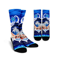 Hawaiian Turtle Plumeria Coconut Tree Polynesian Crew Socks Blue - AH Crew Socks White - Polynesian Pride