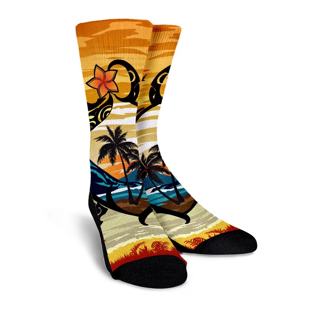 Hawaiian Turtle Plumeria Coconut Tree Polynesian Crew Socks Gold - AH - Polynesian Pride