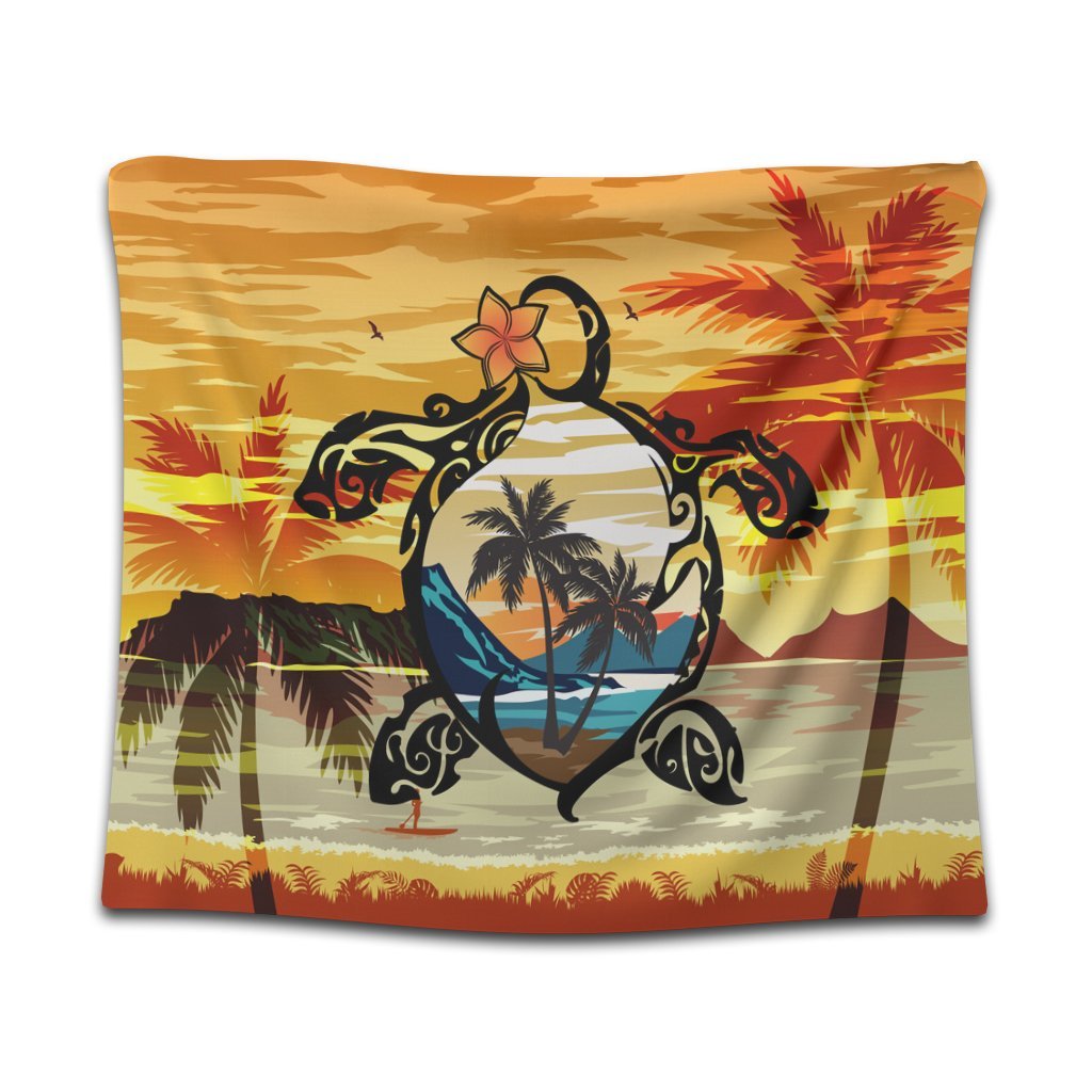 Hawaiian Turtle Plumeria Coconut Tree Polynesian Tapestry Gold - AH Wall Tapestry Black - Polynesian Pride