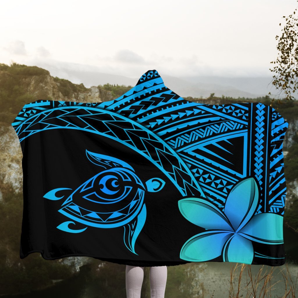 Hawaiian Turtle Plumeria Kakau Polynesian Quilt Hooded Blanket Blue AH - Polynesian Pride