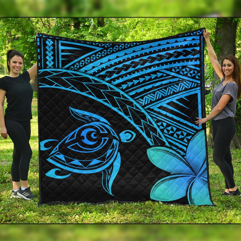 Hawaiian Turtle Plumeria Kakau Polynesian Quilt Premium Quilts Blue AH Black - Polynesian Pride
