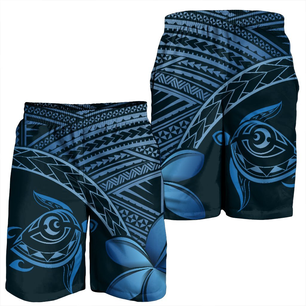 Hawaiian Turtle Plumeria Kakau Polynesian Quilt Men's Shorts Neo Blue AH - Polynesian Pride