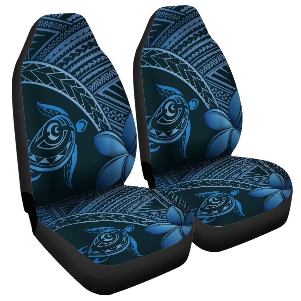 Hawaiian Turtle Plumeria Kakau Polynesian Quilt Car Seat Covers Neo Blue AH Universal Fit Black - Polynesian Pride