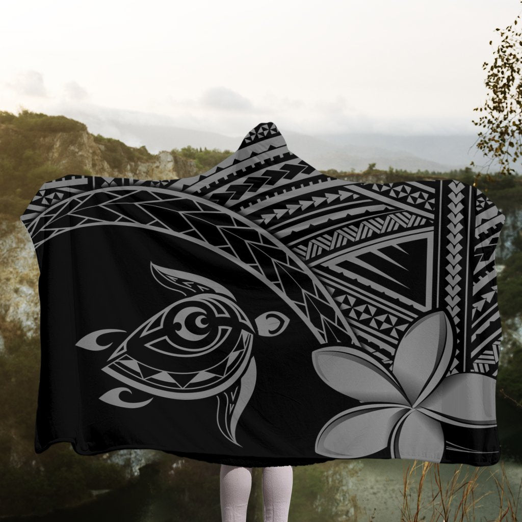 Hawaiian Turtle Plumeria Kakau Polynesian Quilt Hooded Blanket Neo Gray AH - Polynesian Pride