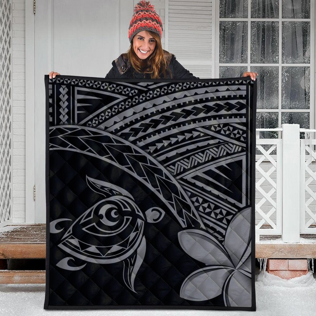 Hawaiian Turtle Plumeria Kakau Polynesian Quilt Premium Quilts Neo Gray AH - Polynesian Pride