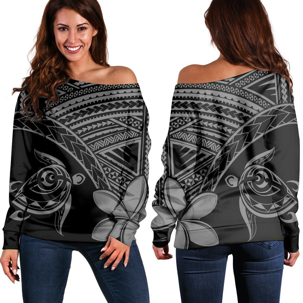 Hawaiian Turtle Plumeria Kakau Polynesian Quilt Women's Off Shoulder Sweater Neo Gray AH Black - Polynesian Pride