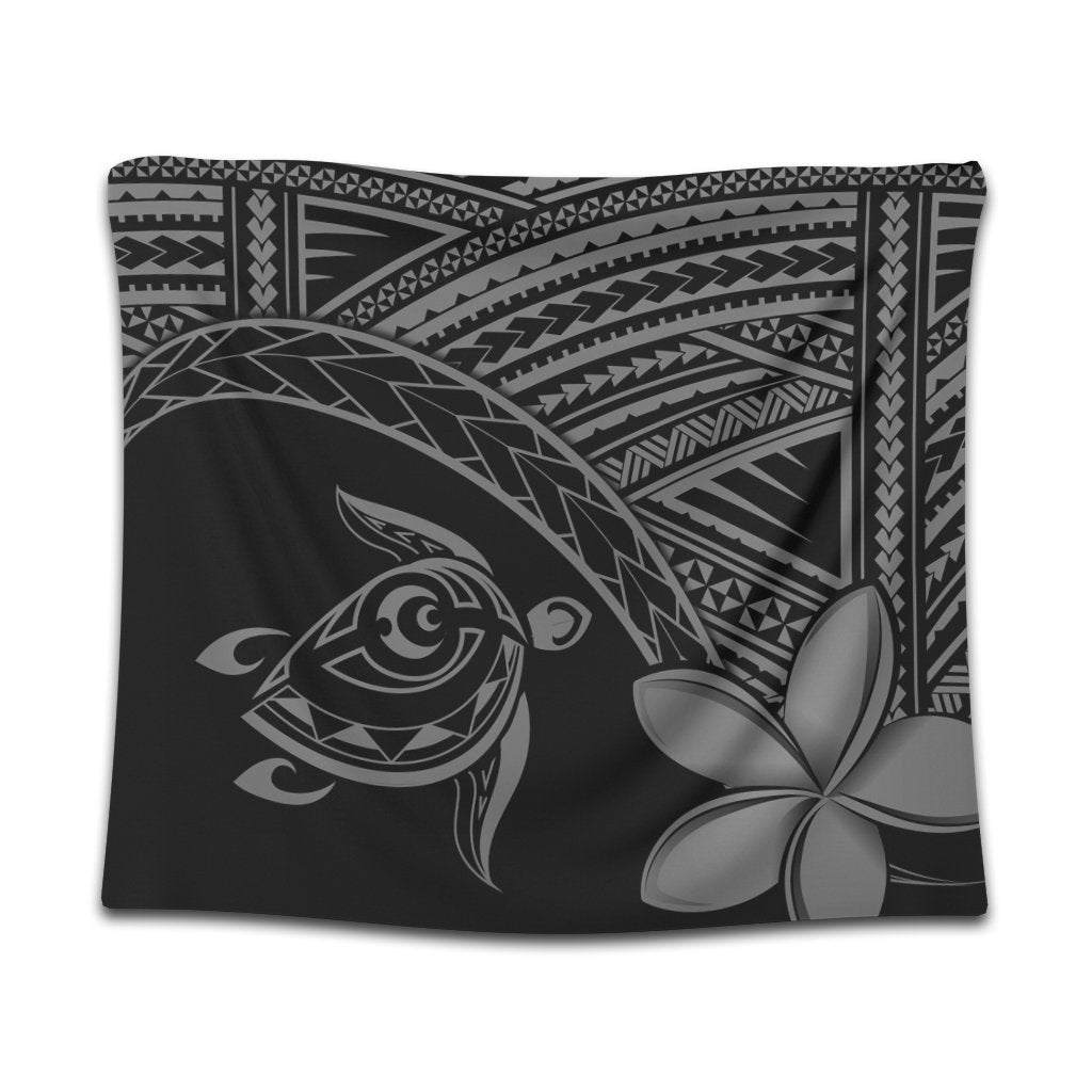Hawaiian Turtle Plumeria Kakau Polynesian Quilt Tapestry Neo Gray AH Wall Tapestry Black - Polynesian Pride