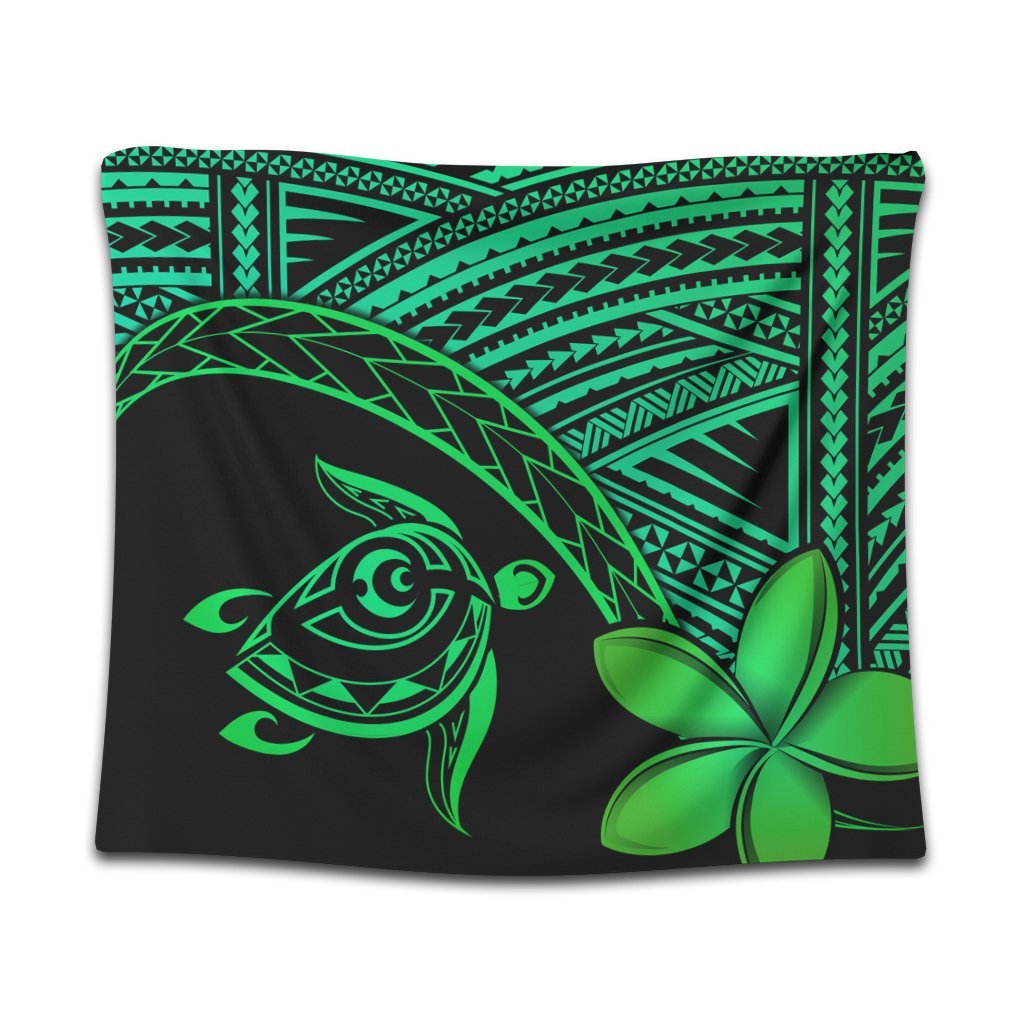 Hawaiian Turtle Plumeria Kakau Polynesian Quilt Tapestry Neo Green AH Wall Tapestry Black - Polynesian Pride