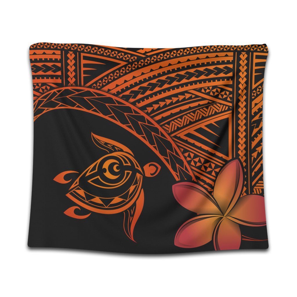 Hawaiian Turtle Plumeria Kakau Polynesian Quilt Tapestry Neo Orange AH Wall Tapestry Black - Polynesian Pride