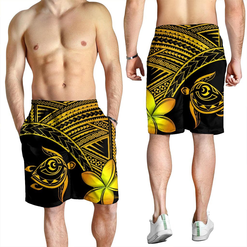 Hawaiian Turtle Plumeria Kakau Polynesian Quilt Men's Shorts Neo Yellow AH - Polynesian Pride