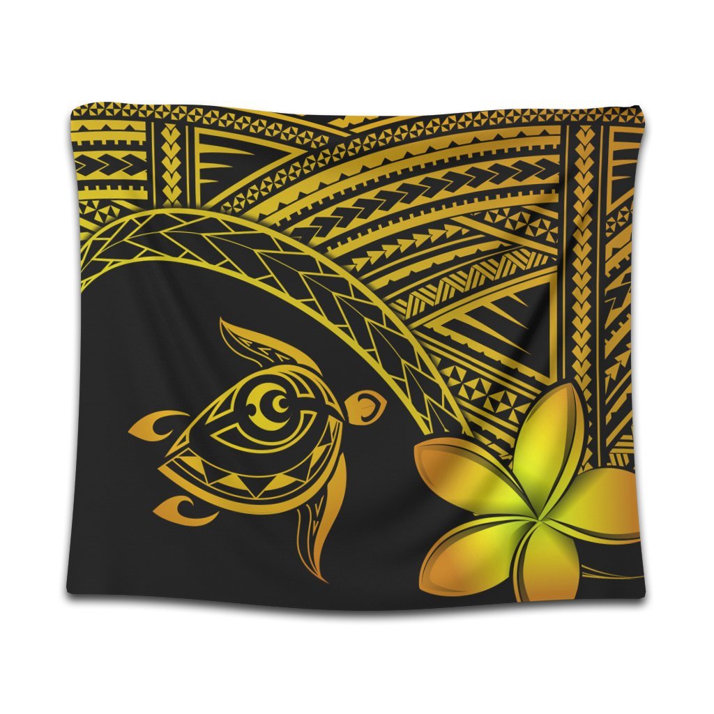 Hawaiian Turtle Plumeria Kakau Polynesian Quilt Tapestry Neo Yellow AH Wall Tapestry Black - Polynesian Pride