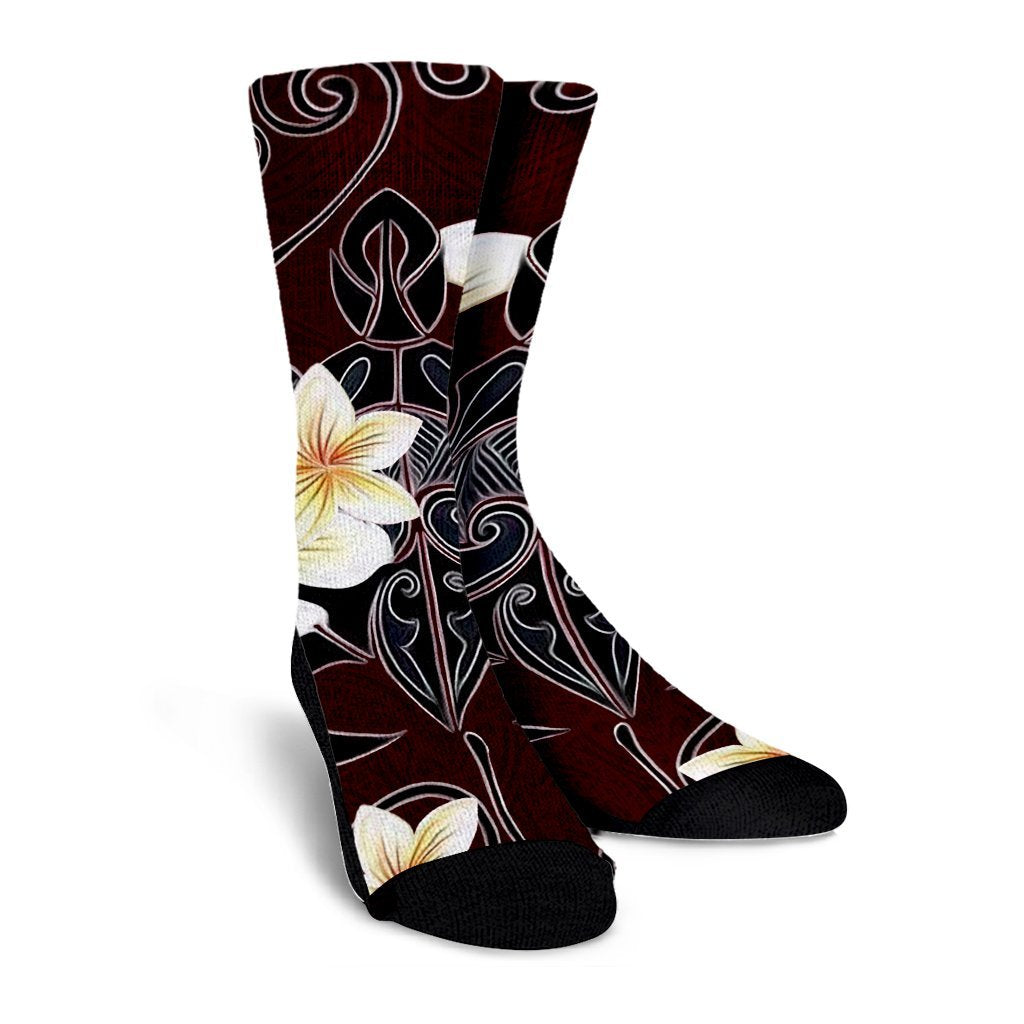 Hawaiian Turtle Plumeria Polynesian Crew Socks Red - AH - Polynesian Pride
