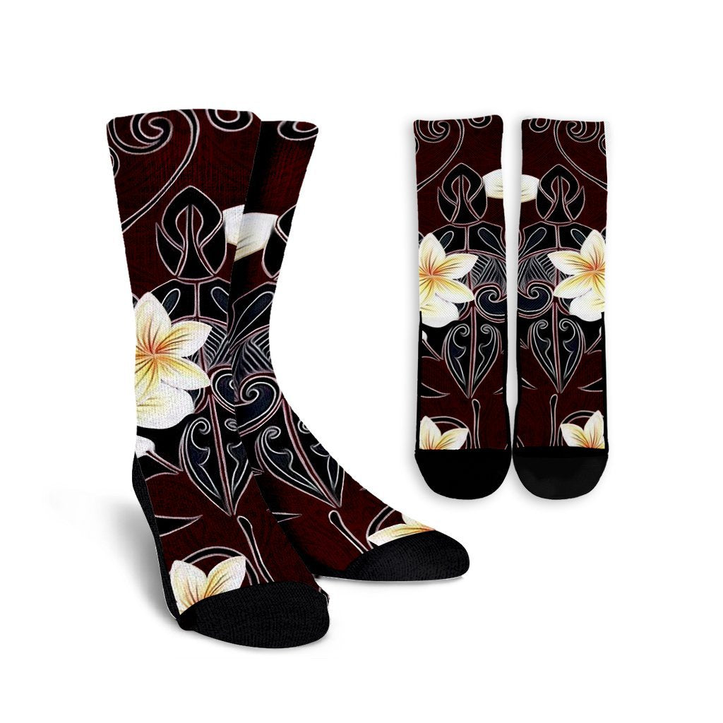 Hawaiian Turtle Plumeria Polynesian Crew Socks Red - AH Crew Socks White - Polynesian Pride