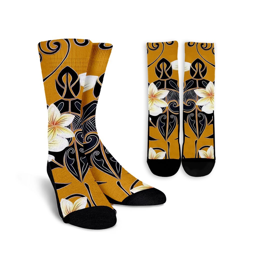 Hawaiian Turtle Plumeria Polynesian Crew Socks Yellow - AH Crew Socks White - Polynesian Pride