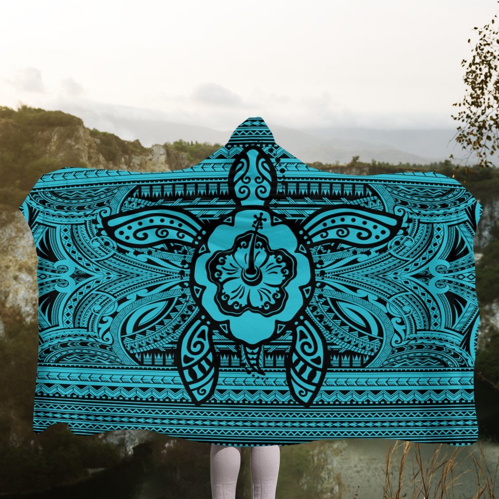 Hawaiian Turtle Polynesian Tribal Hooded Blanket Blue AH - Polynesian Pride