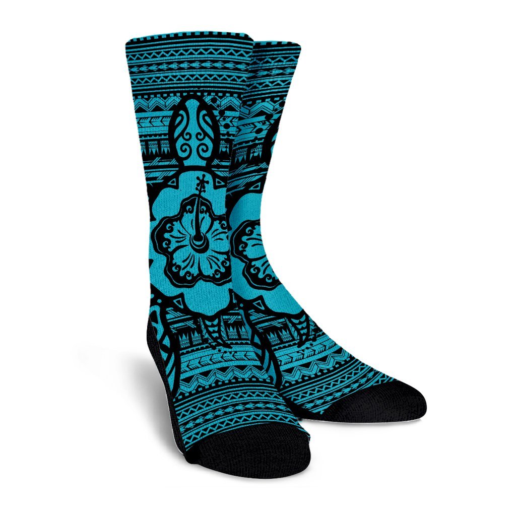 Hawaiian Turtle Polynesian Tribal Crew Socks Blue AH - Polynesian Pride