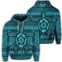 Hawaiian Turtle Polyensian Tribal Zip Hoodie Blue Unisex Art - Polynesian Pride