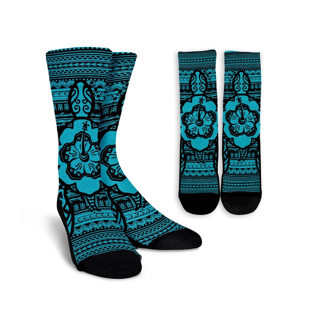 Hawaiian Turtle Polynesian Tribal Crew Socks Blue AH Crew Socks White - Polynesian Pride