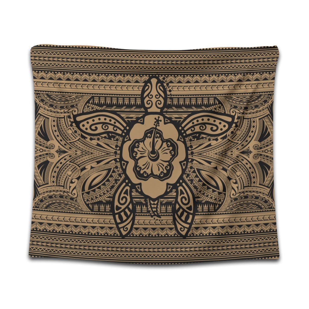 Hawaiian Turtle Polynesian Tribal Tapestry Gold AH Wall Tapestry Black - Polynesian Pride