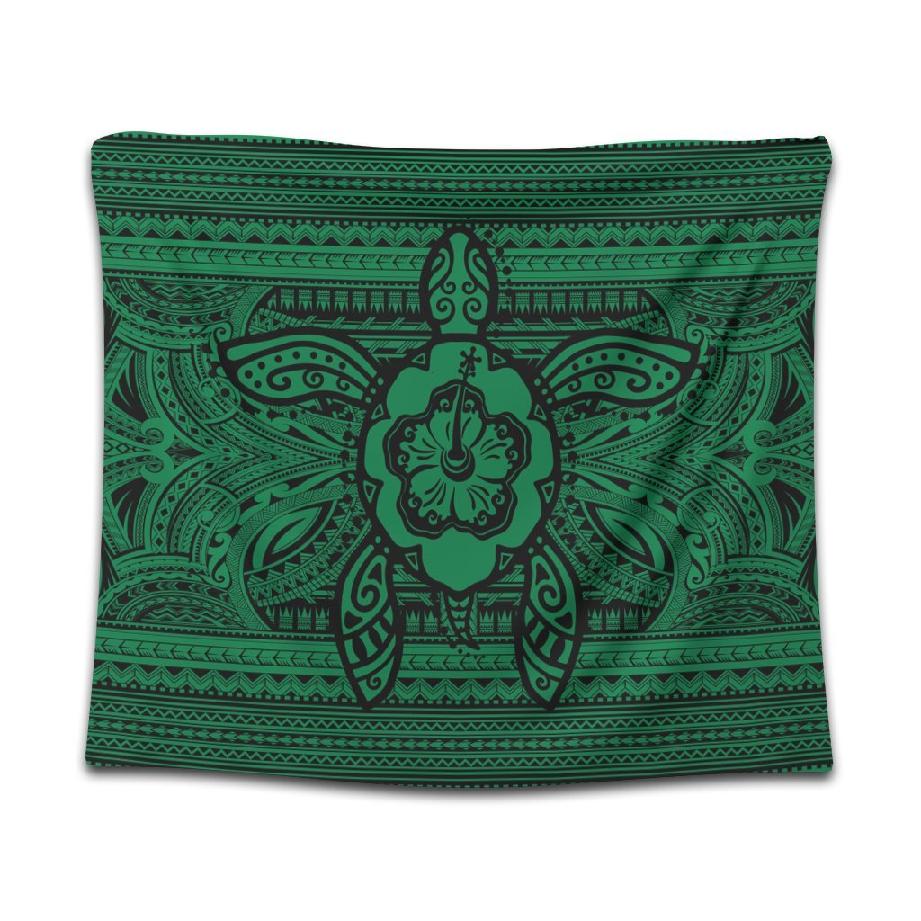 Hawaiian Turtle Polynesian Tribal Tapestry Green AH Wall Tapestry Black - Polynesian Pride