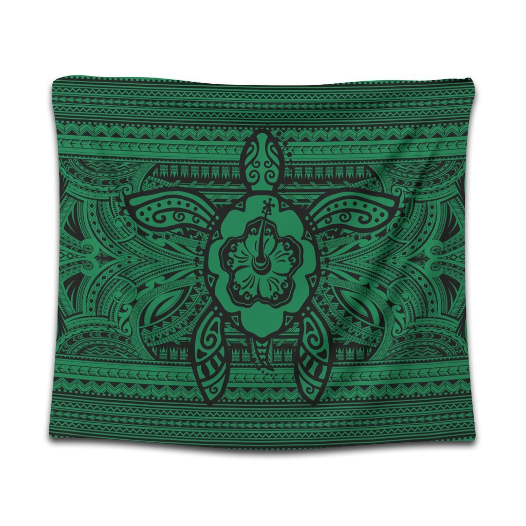 Hawaiian Turtle Polynesian Tribal Tapestry Green AH Wall Tapestry Black - Polynesian Pride