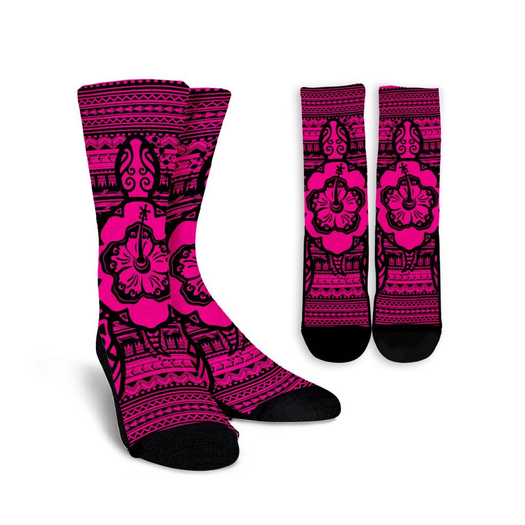 Hawaiian Turtle Polynesian Tribal Crew Socks Pink AH Crew Socks White - Polynesian Pride