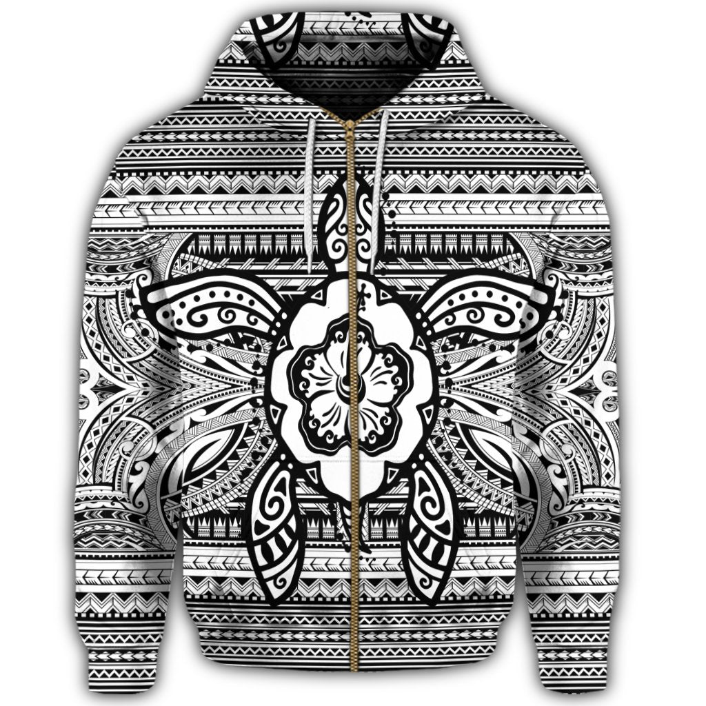 Hawaiian Turtle Polyensian Tribal Zip Hoodie White - Polynesian Pride