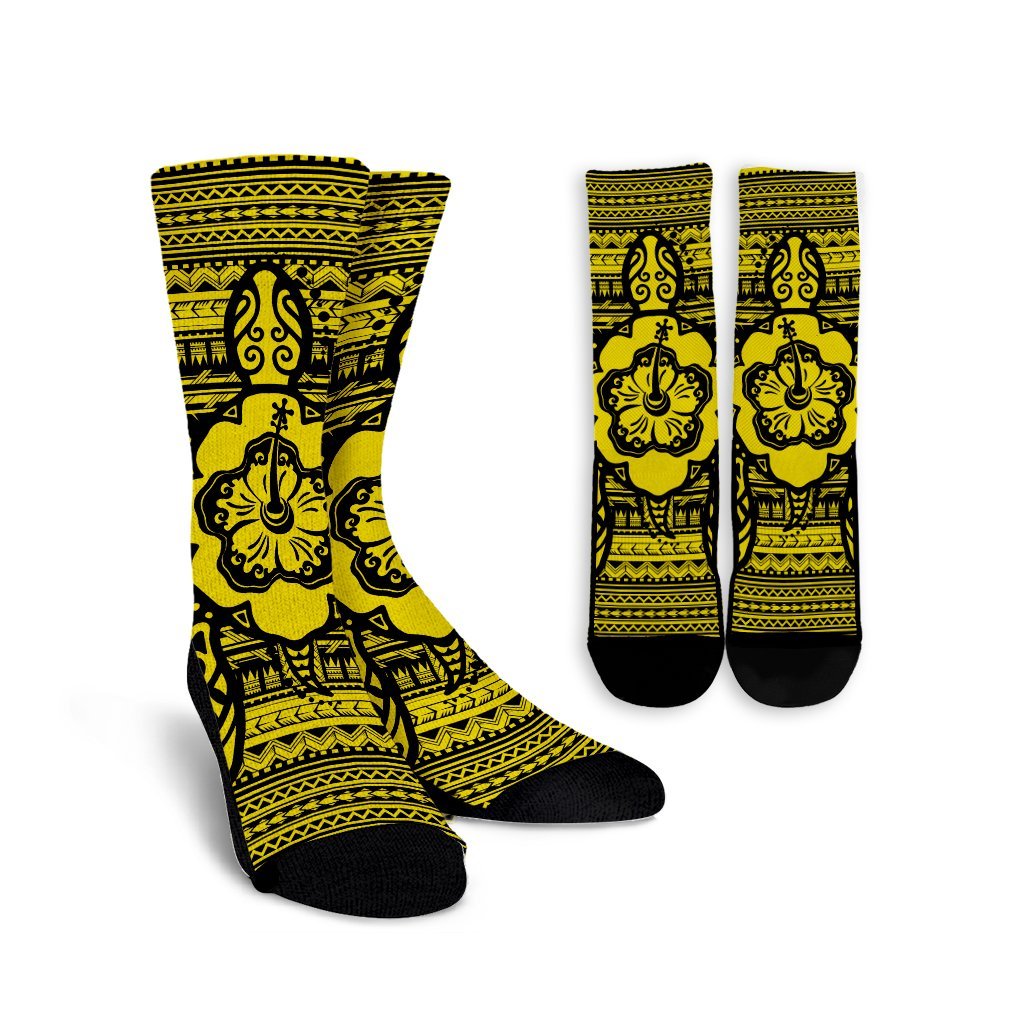 Hawaiian Turtle Polynesian Tribal Crew Socks Yellow AH Crew Socks White - Polynesian Pride
