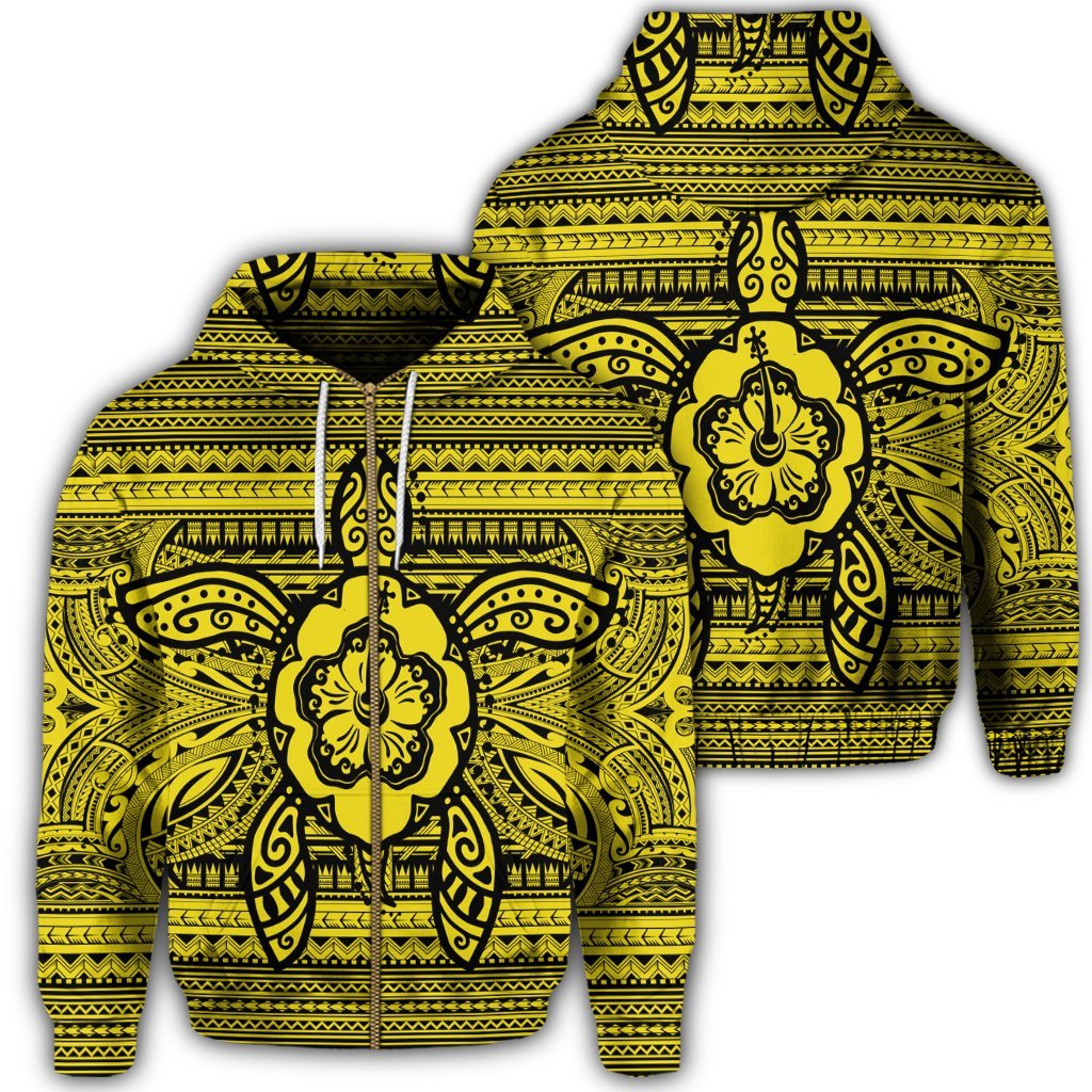 Hawaiian Turtle Polyensian Tribal Zip Hoodie Yellow Unisex Art - Polynesian Pride