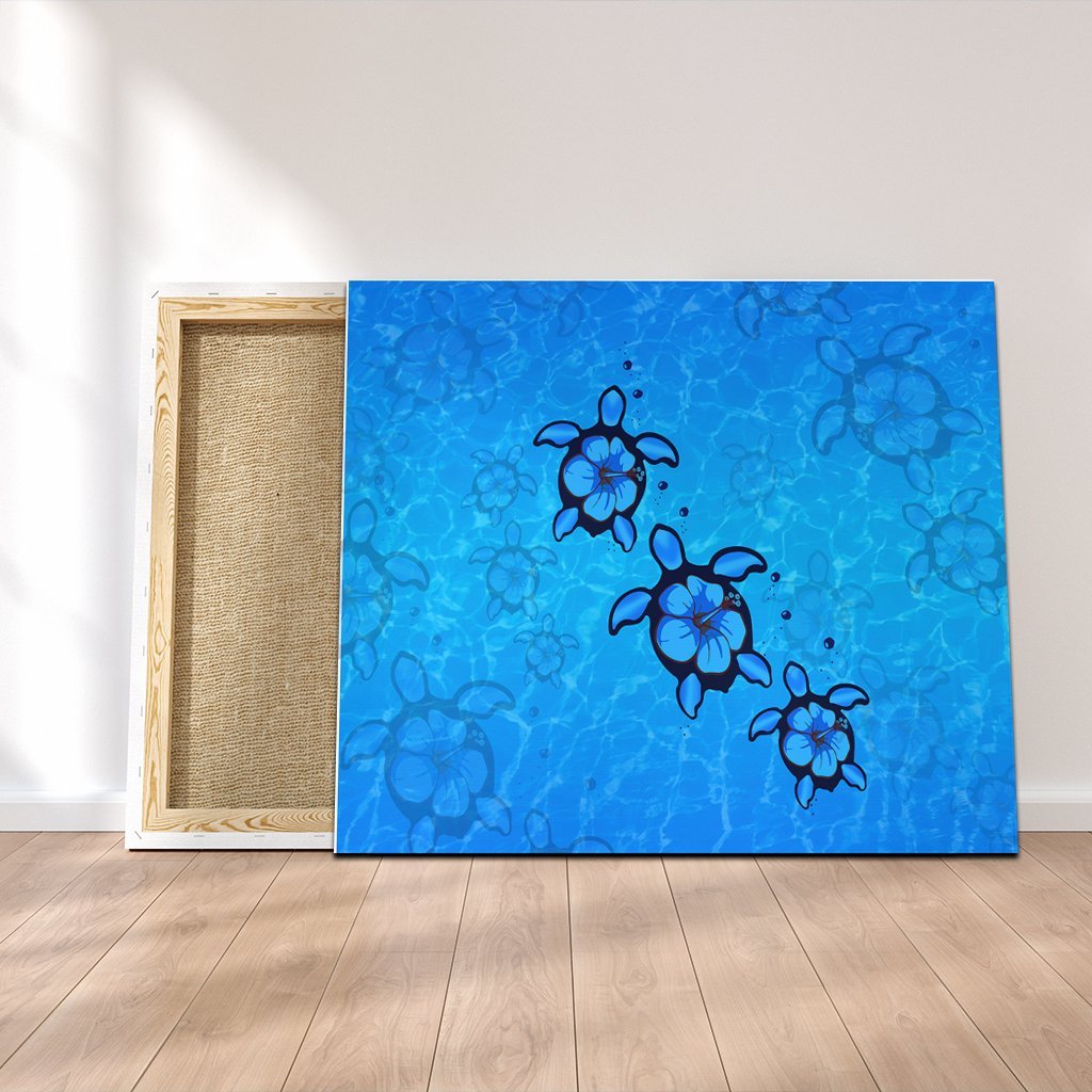Hawaiian Turtle Swim In The OCean With Hibiscus Polynesian Canvas - AH Canvas Poly-cotton - Polynesian Pride