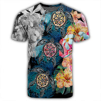 Hawaiian Turtle Swimming Wave Plumeria Hibiscus Polynesian T Shirt Garden Style AH - Polynesian Pride