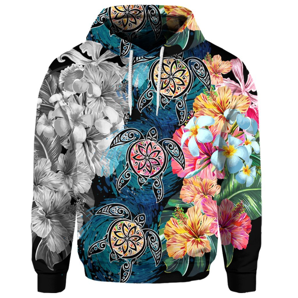 Custom Hawaiian Turtle Swimming Wave Plumeria Hibiscus Polynesian Hoodie Garden Style - Polynesian Pride