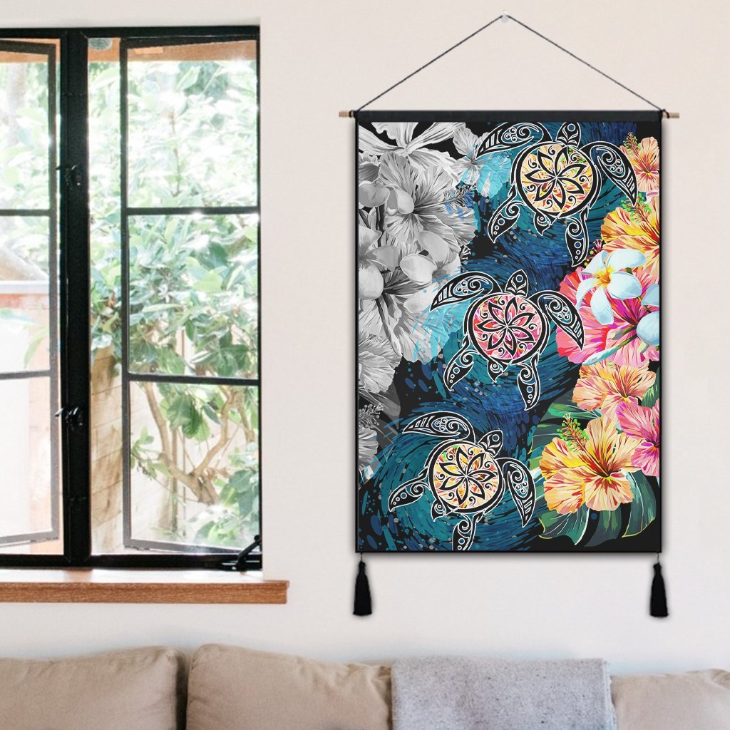 Hawaiian Turtle Swimming Wave Plumeria Hibiscus Polynesian Hanging Poster - Garden Style - AH - Polynesian Pride