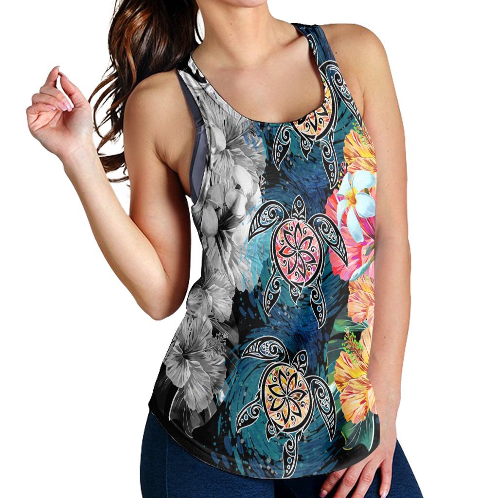 Hawaiian Turtle Swimming Wave Plumeria Hibiscus Polynesian Racerback Tank - Garden Style - AH - Polynesian Pride