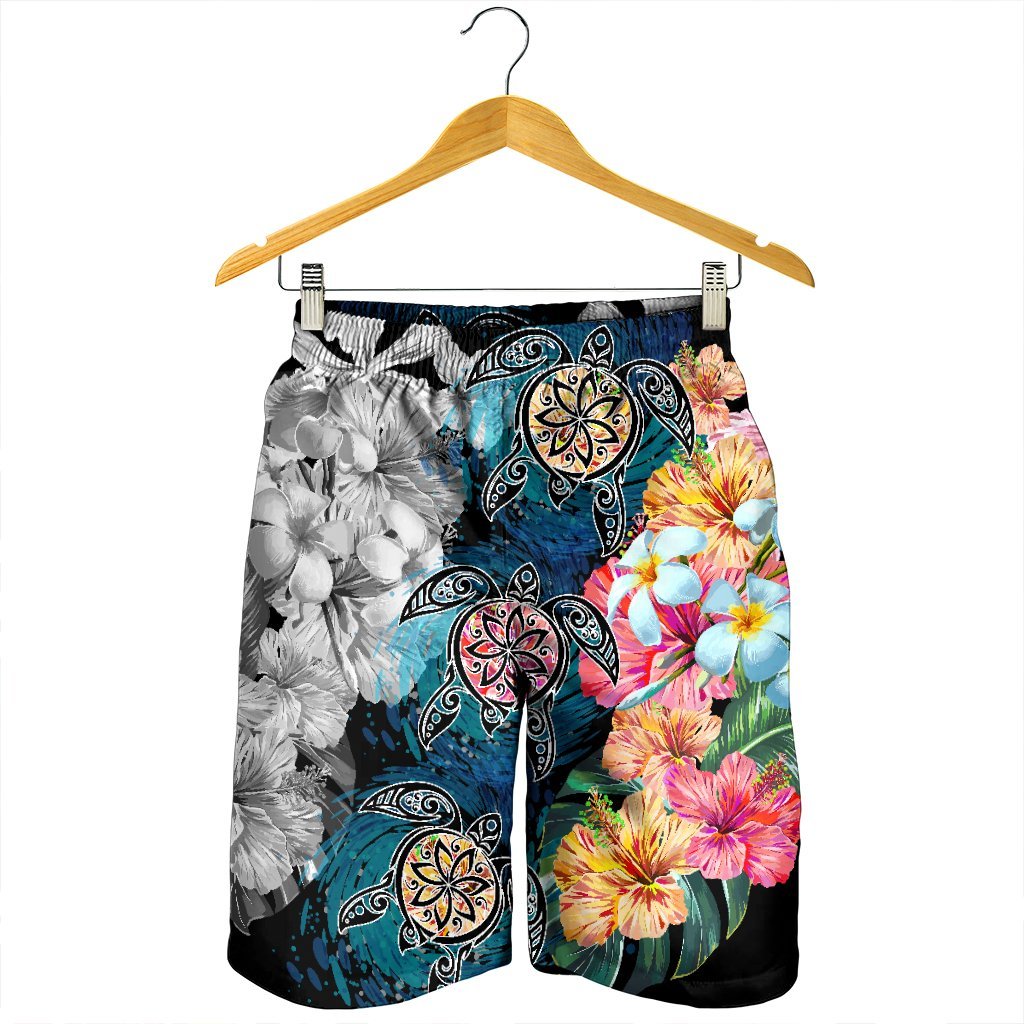 Hawaiian Turtle Swimming Wave Plumeria Hibiscus Polynesian Men's Shorts - Garden Style - AH - Polynesian Pride
