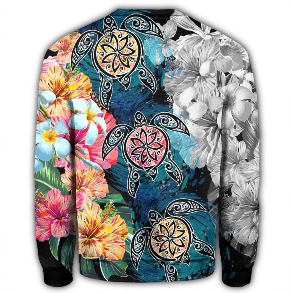 Hawaiian Turtle Swimming Wave Plumeria Hibiscus Polynesian Sweatshirt - Garden Style - AH - Polynesian Pride