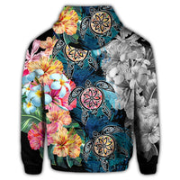 Hawaiian Turtle Swimming Wave Plumeria Hibiscus Polynesian Zip Hoodie Garden Style - Polynesian Pride