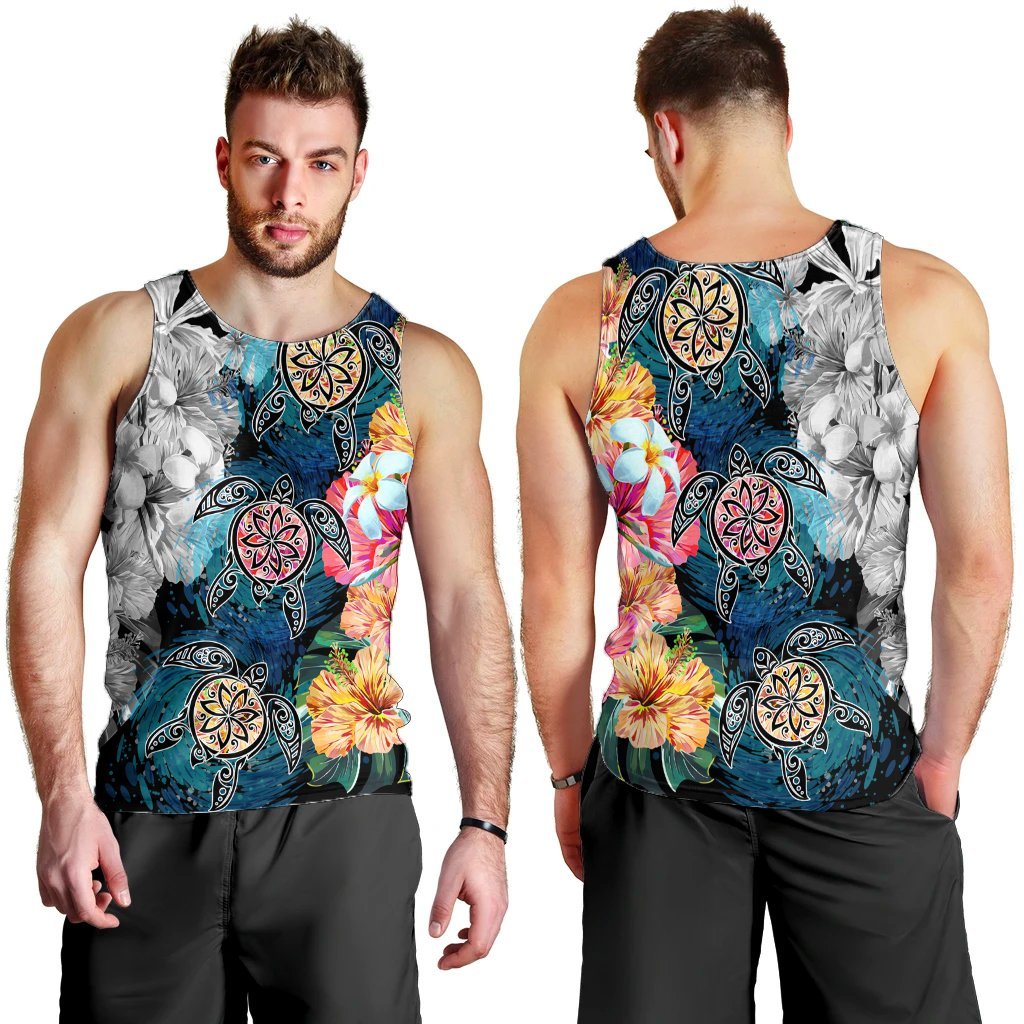 Hawaiian Turtle Swimming Wave Plumeria Hibiscus Polynesian Tank Top - Garden Style - AH - Polynesian Pride